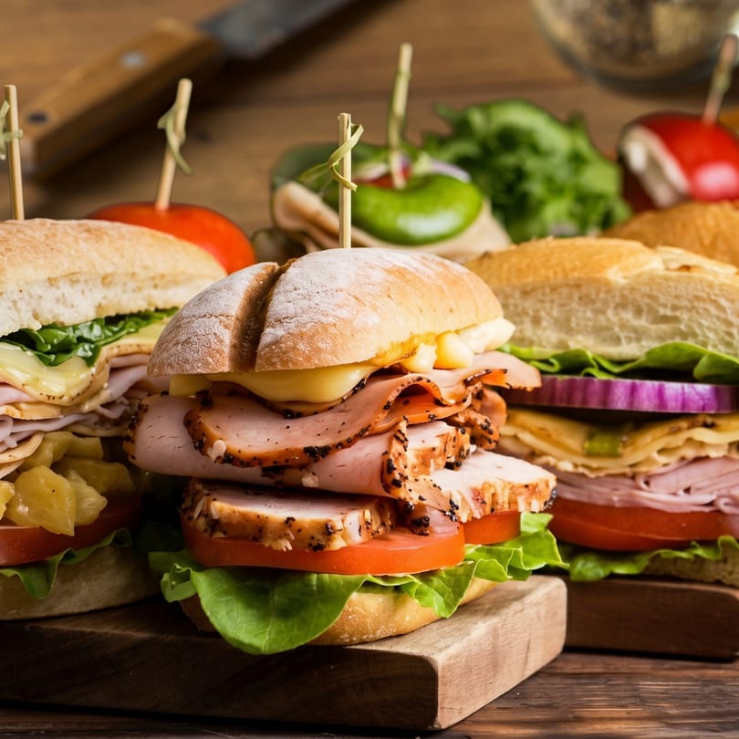 Close-up of three gourmet sandwiches with various meats, cheeses, and vegetables on a wooden surface.