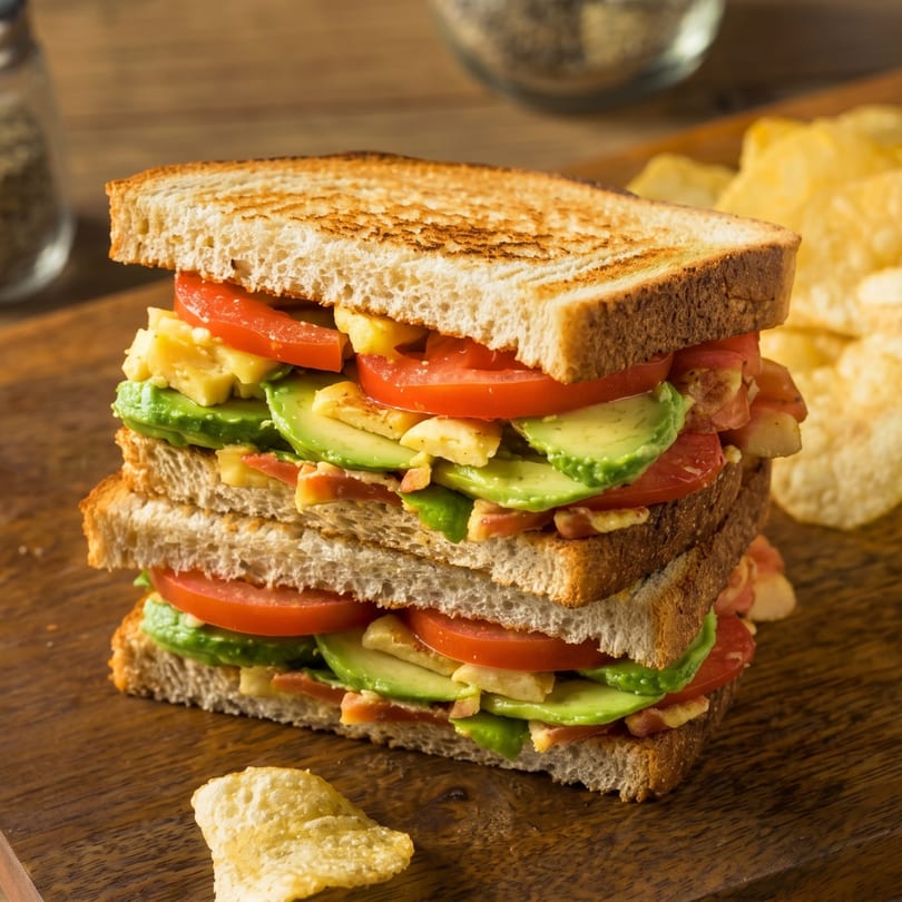 A stacked sandwich with avocado, tomato, and bacon on toasted bread, served with potato chips.