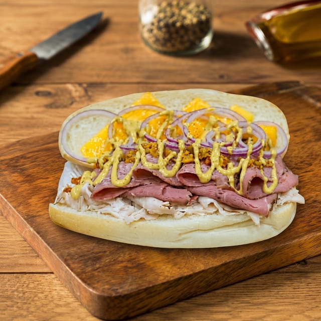 Pastrami Salami Hot Sandwich.