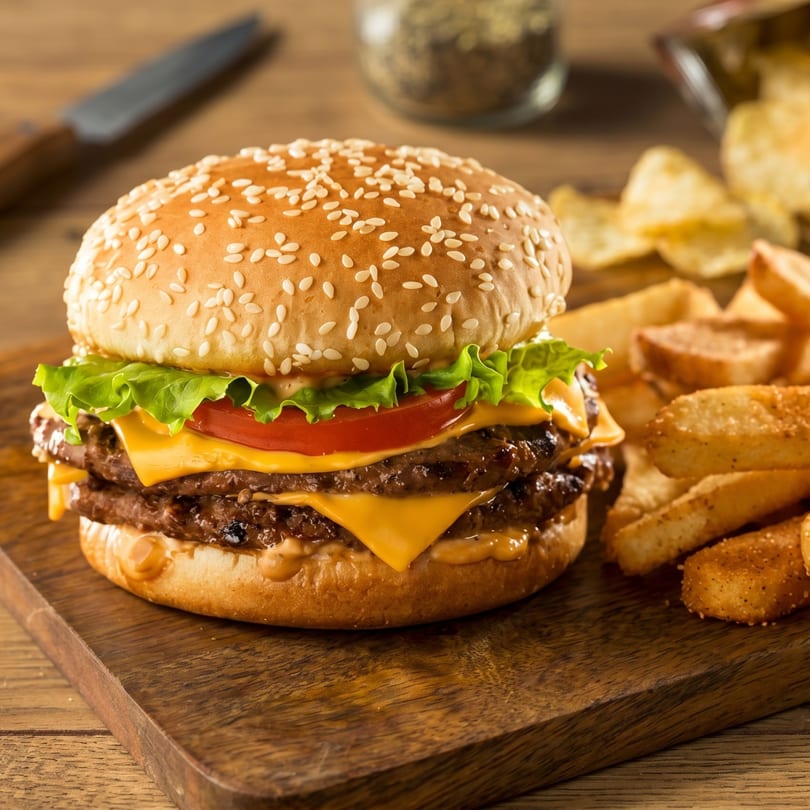 A double cheeseburger with lettuce, tomato, and special sauce, served with potato wedges on a wooden board.