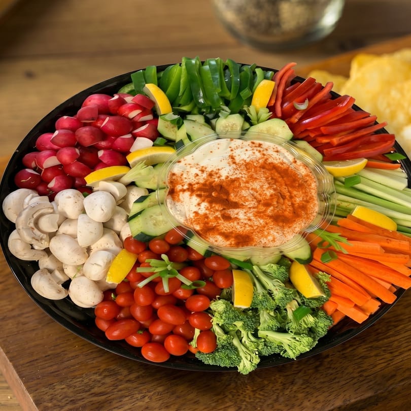 A vibrant vegetable platter with hummus, including radishes, mushrooms, tomatoes, broccoli, carrots, and bell peppers.