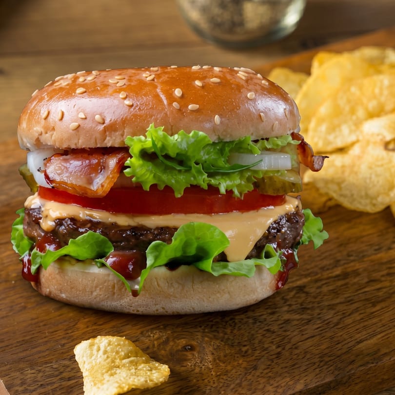 A juicy bacon cheeseburger with lettuce, tomato, onion, and pickles, served with potato chips.